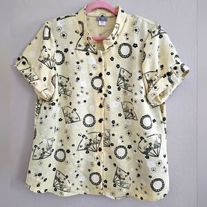 Vintage CB Plus Career Yellow Black Blouse Fan Cherry Blossom Asian Size 1X